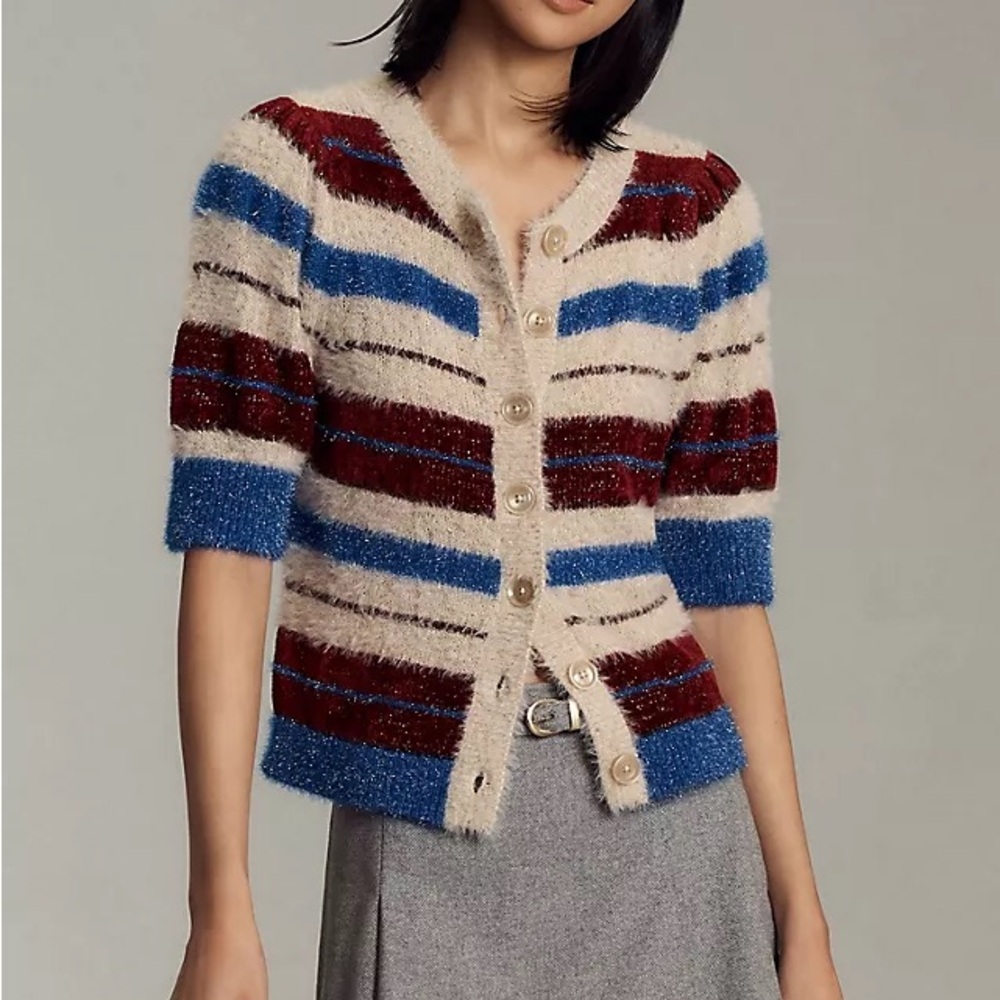 Anthropologie Striped Fuzzy Short-Sleeve Cardigan in Cream, Blue & Burgundy